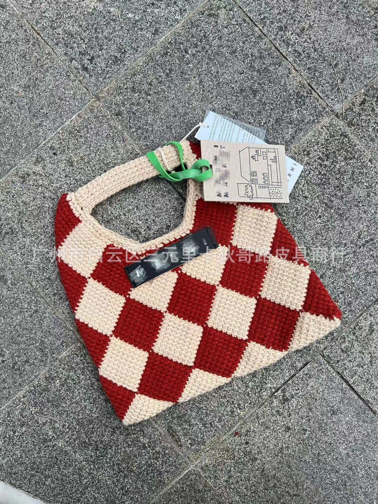 Woolen Yarn Classic Rhombus Hand Chessboard Handmade Handbags