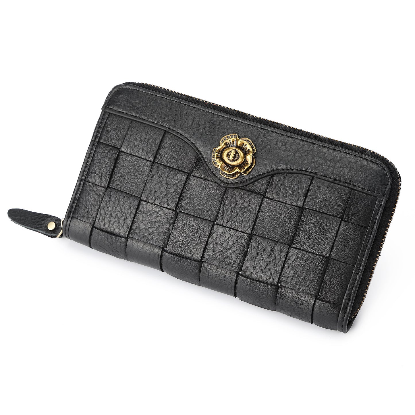 Men's Layer Cowhide Woven Long Zipper Leather Men's Wallets
