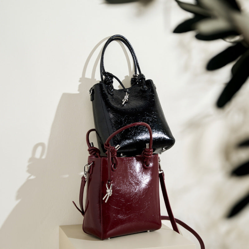 Women's Cowhide Burst Crack One Genuine Leather Hand-held Bucket Bags