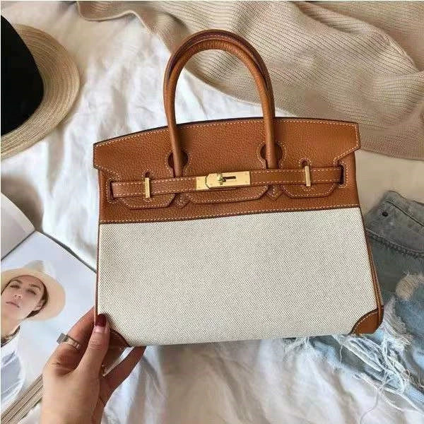 Women's Leather With Canvas Contrast Color Portable Handbags