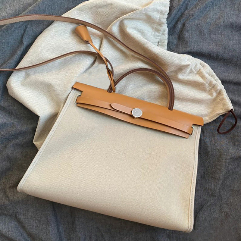 Women's Lady's Fashion Kelly Cowhide Stitching Canvas Shoulder Bags