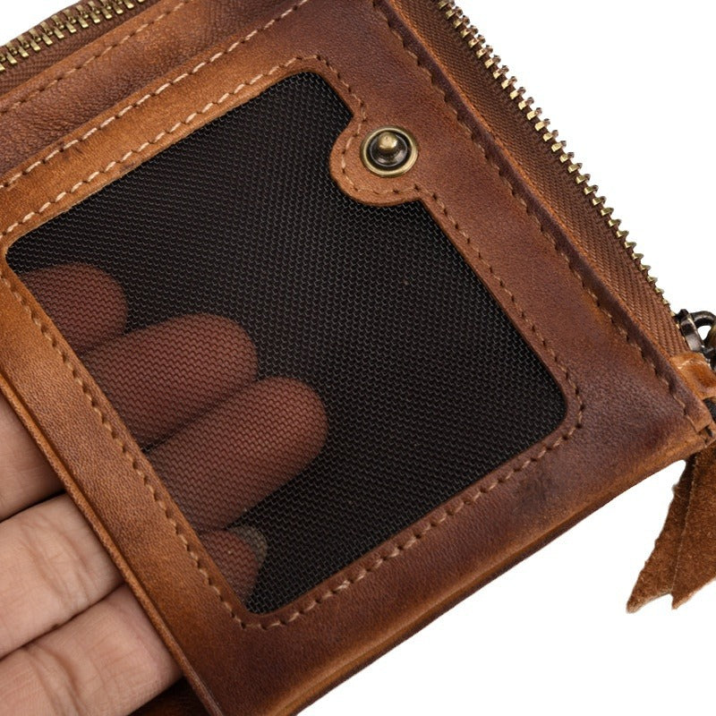 Men's Cowhide Vintage Double Zipper Genuine Leather Retro Men's Wallets