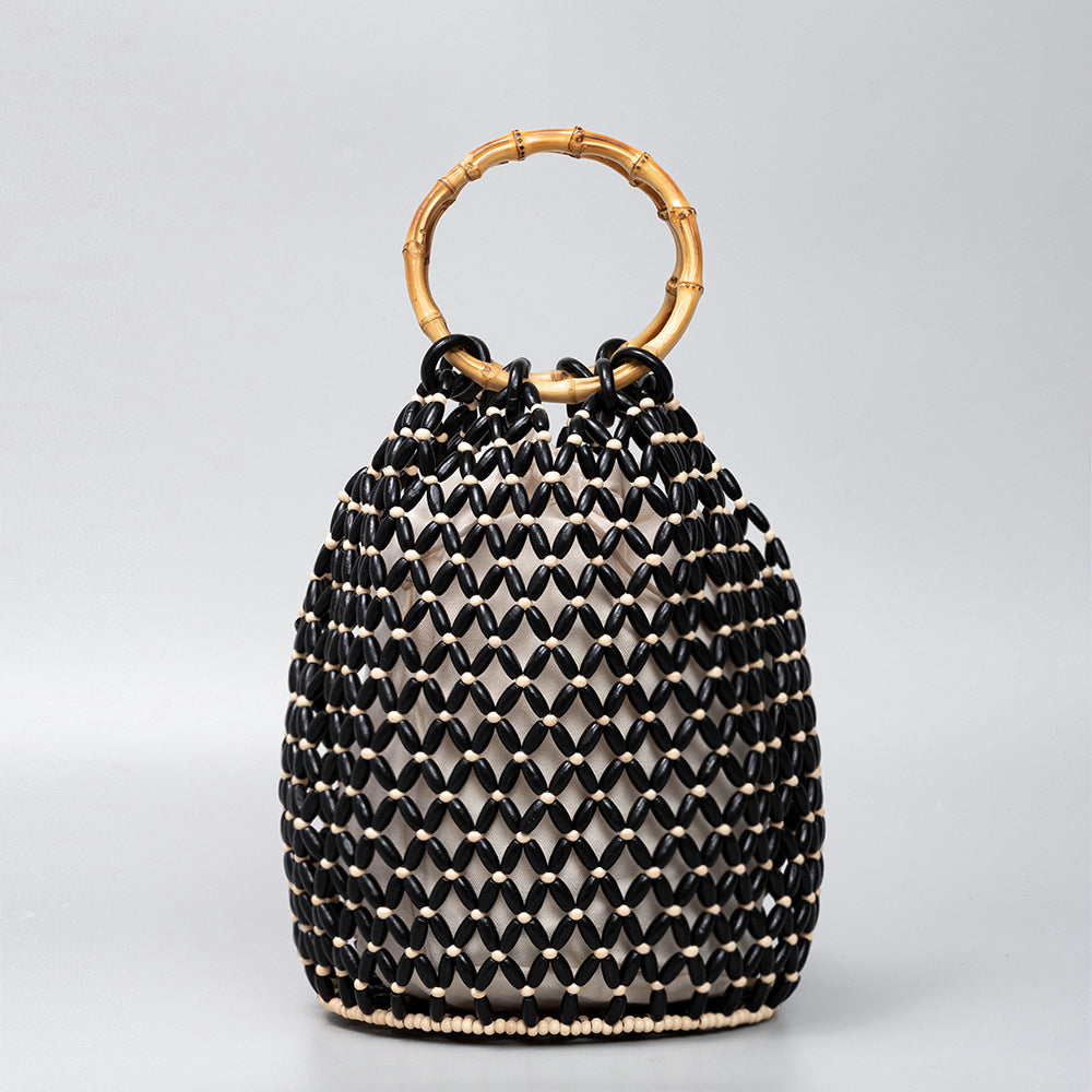 Women's Woven Hollow Design Advanced With Wooden Bags
