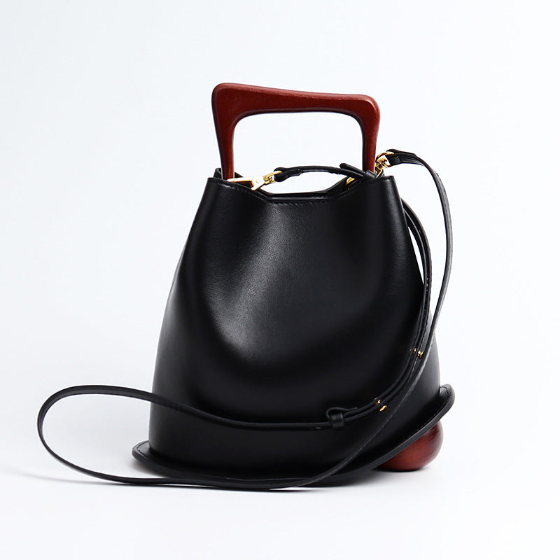 Women's Imported Cowhide Commuter Basket Wooden Portable Handbags