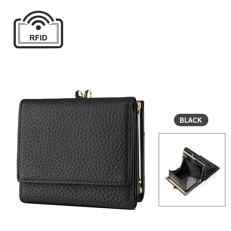 Women's Layer Cowhide Lychee Pattern Tri Fold Ladies Wallets