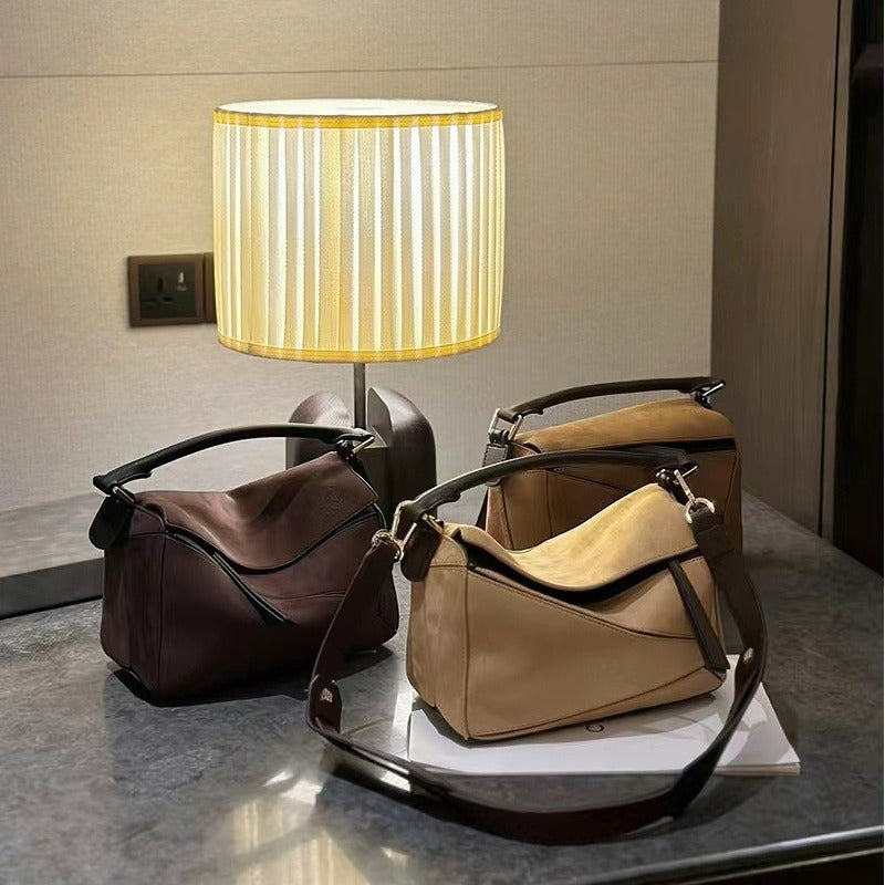 Vintage Geometric Frosted Cowhide Portable Fashion Handbags