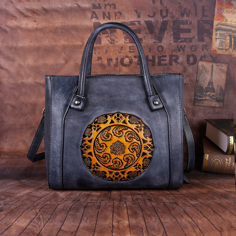 Women's Layer Cowhide Retro Craft Embossed Hand-rub Bags