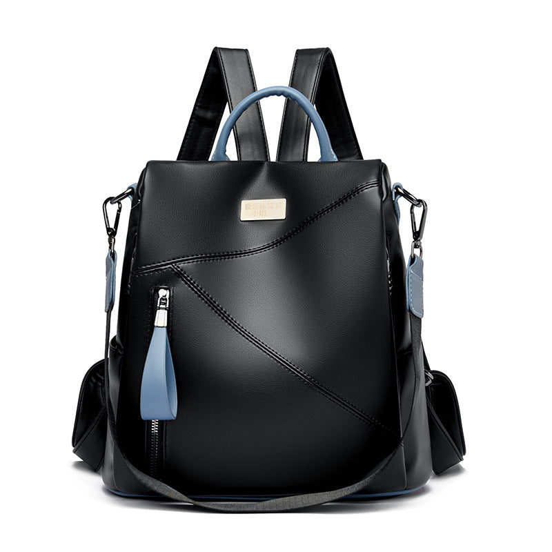 Women's Stitching Color Matching Genuine Leather Trendy Backpacks