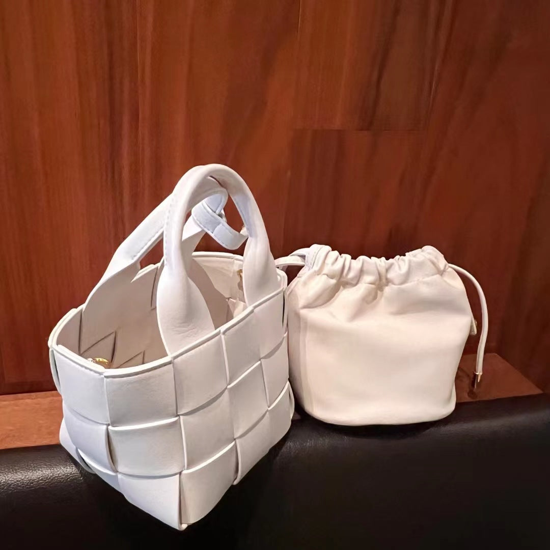 Women's Vegetable Basket Woven Leather Drawstring Composite Bags