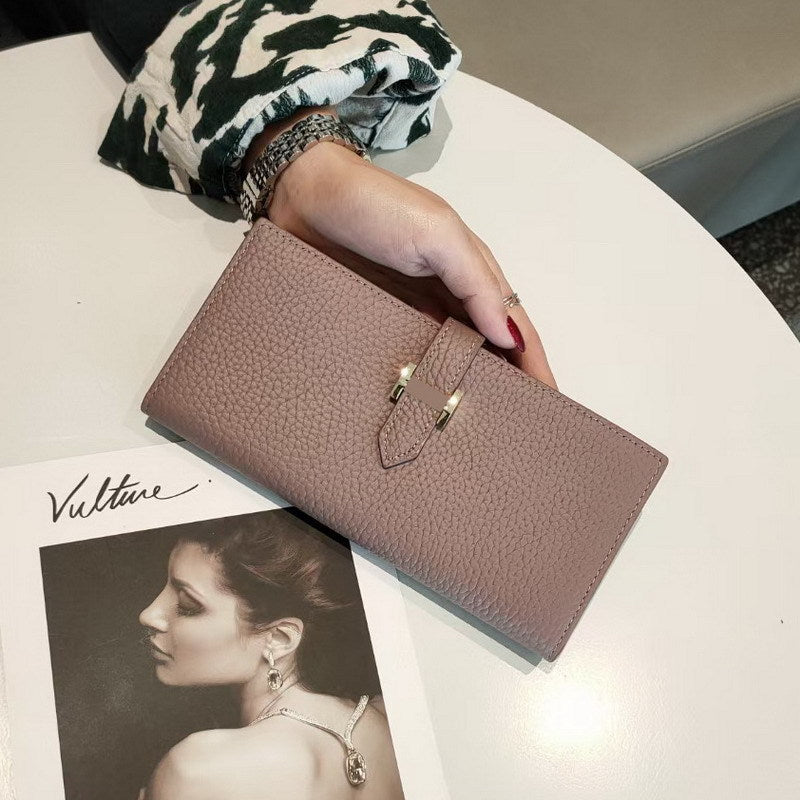 Women's Simple Cowhide Clutch Litchi Pattern Fashion Long Ladies Wallets