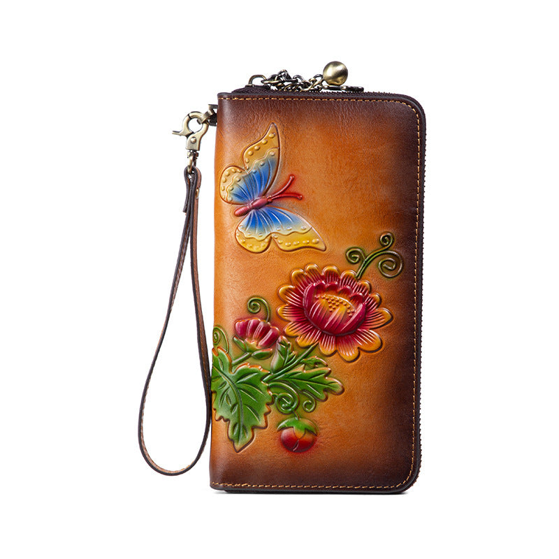 Women's Retro Chinese Style Cowhide Long First Ladies Wallets