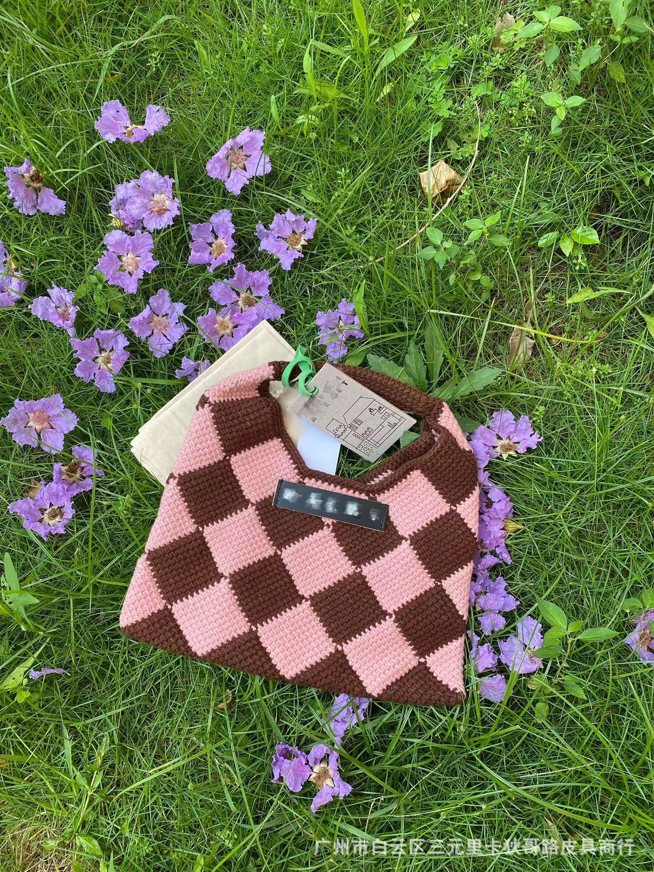 Woolen Yarn Classic Rhombus Hand Chessboard Handmade Handbags