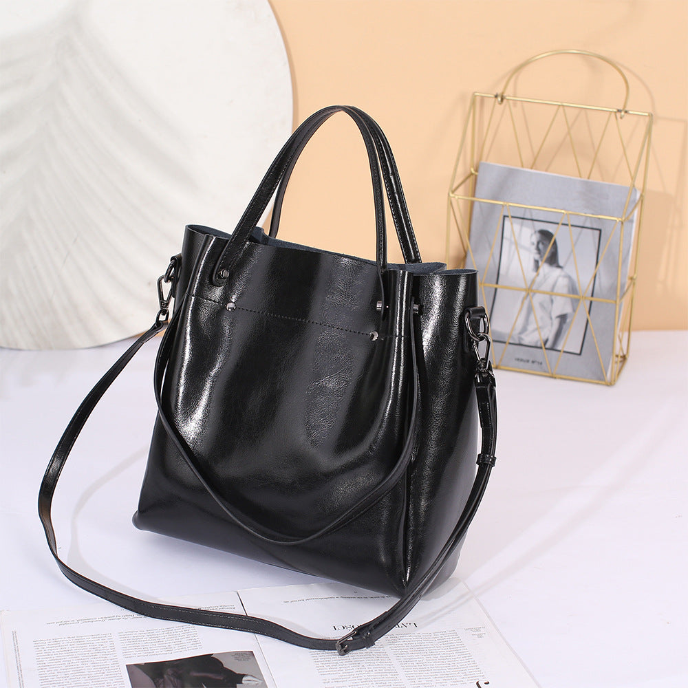 Women's Genuine Leather Oil Wax Simple Big Handbags