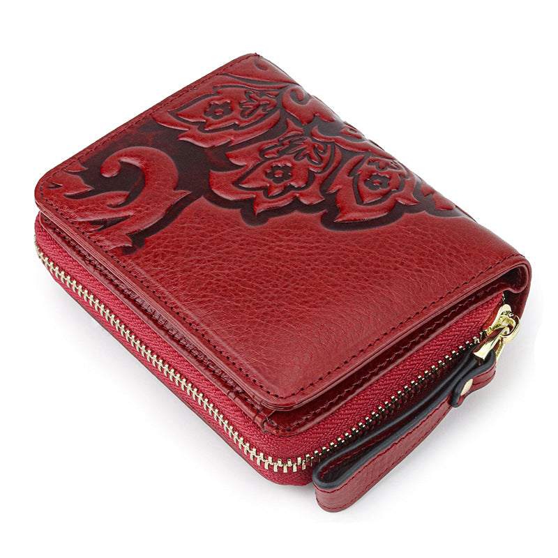 Women's One-piece Embossed First Layer Oil Wax Cowhide Short Ladies Wallets