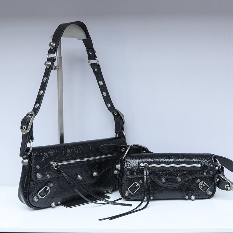 Women's Motorcycle Dark Rivet Baguette Genuine Leather Bags