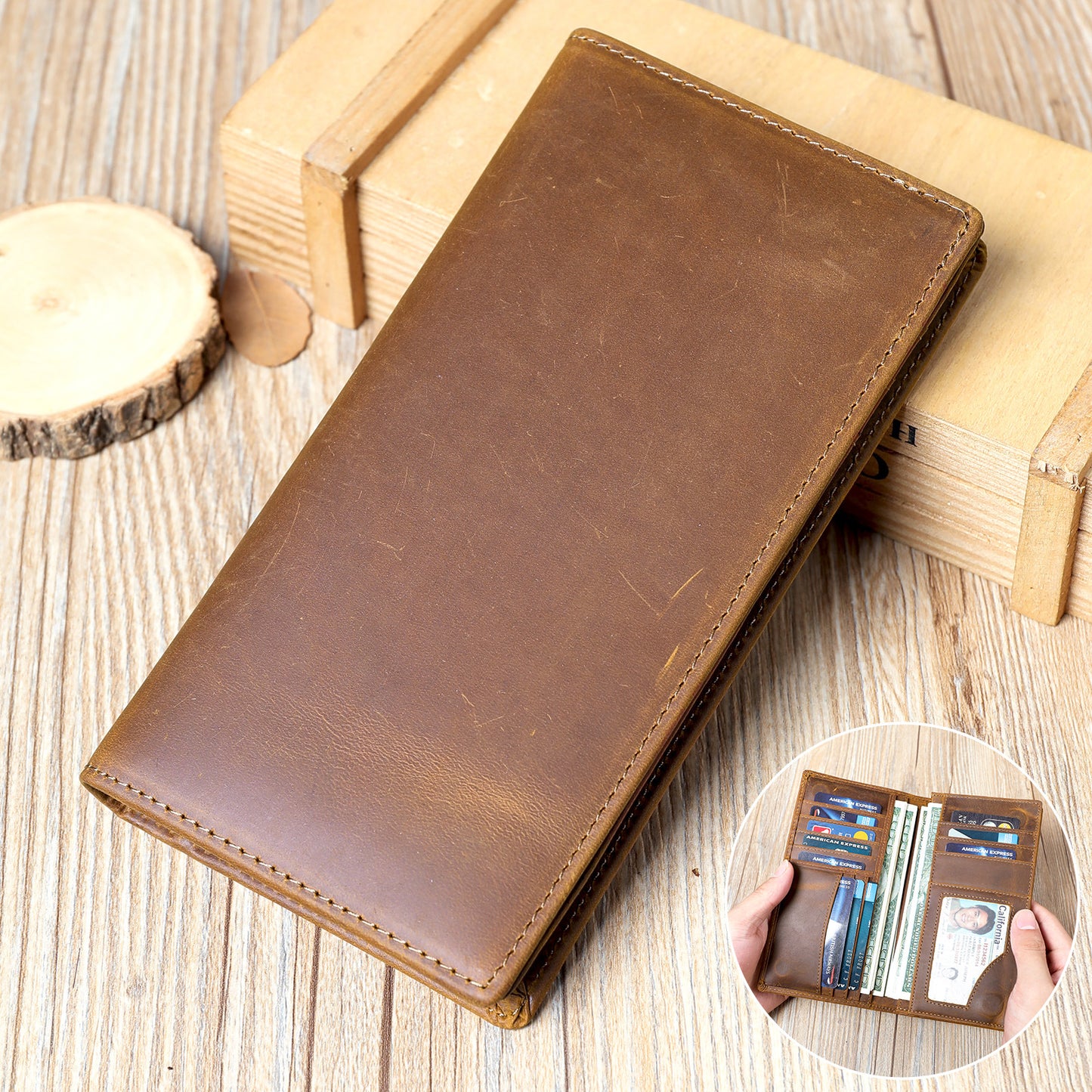 Men's Long High-grade First Layer Cowhide Retro Full Bags