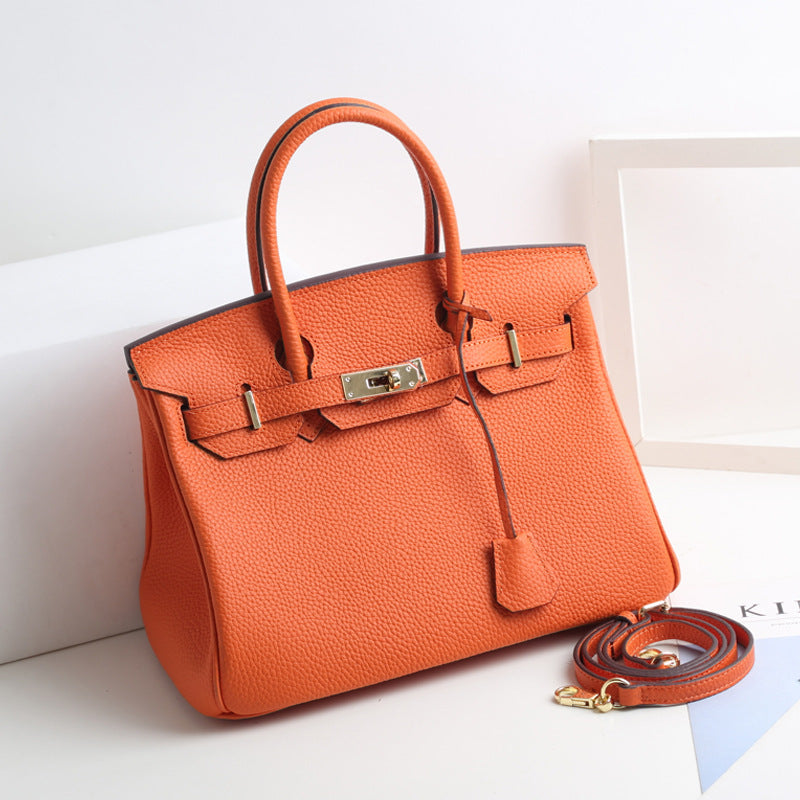 Women's Lychee Pattern Kelly Genuine Leather First Handbags