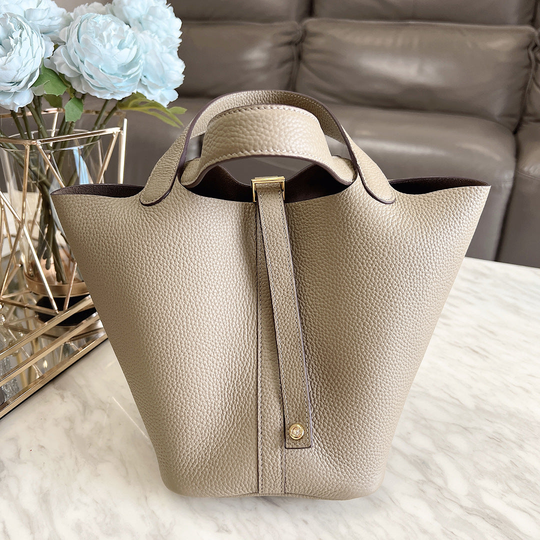 Women's Leather Vegetable Basket Lychee Pattern Cowhide Handbags