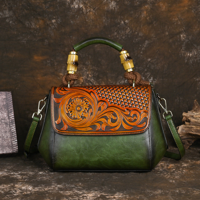 Women's Retro National Style Leather Carving Craft Handbags