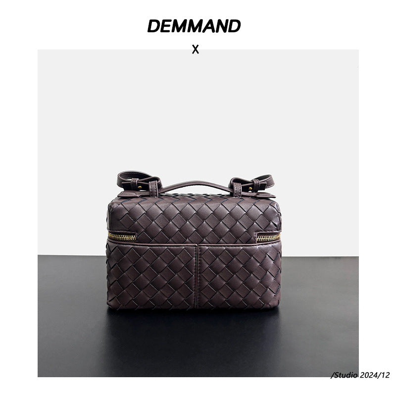 Women's Woven Lunch Box Genuine Leather Hand Bags