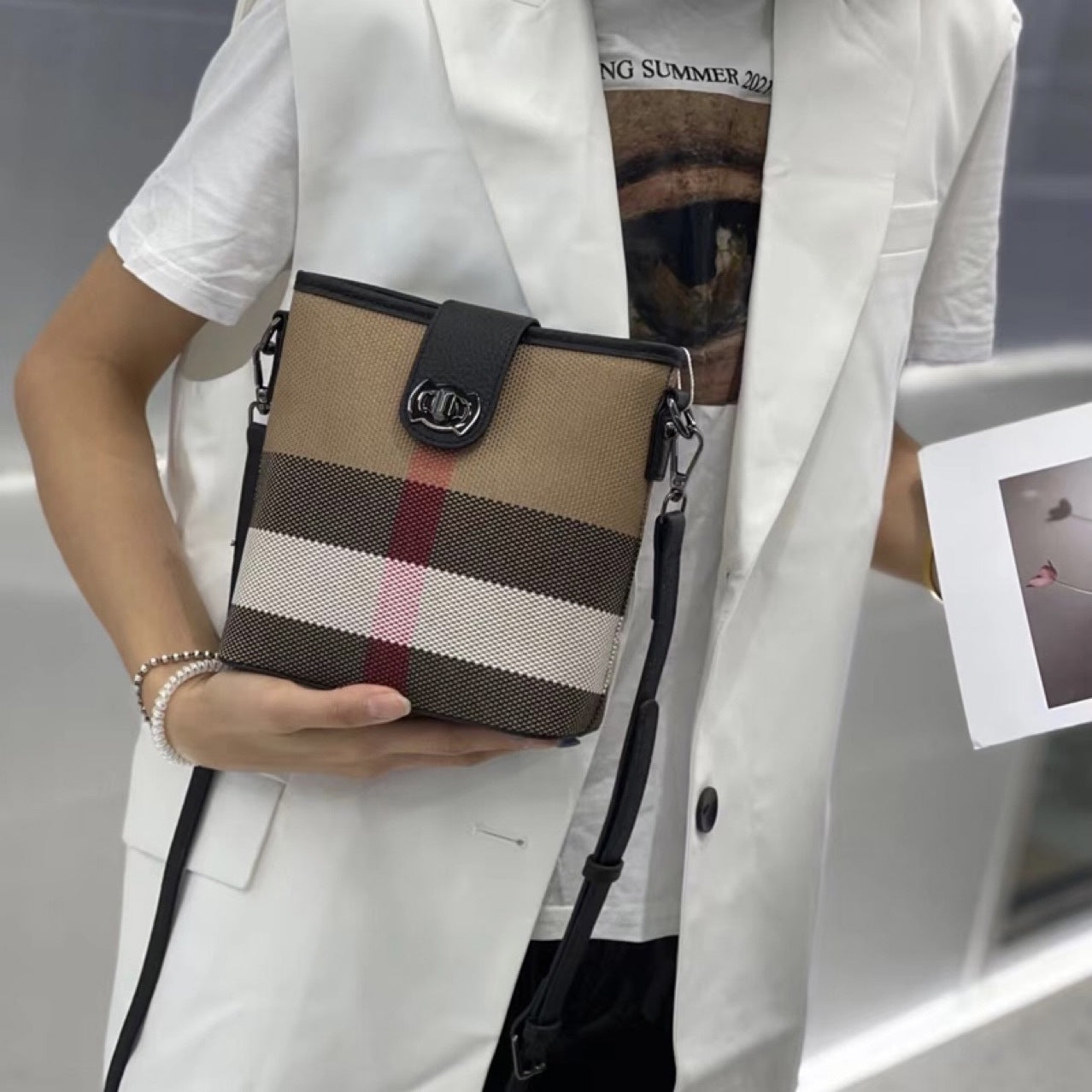 Women's Checked Top Layer Cowhide Cloth Fashion Crossbody Bags