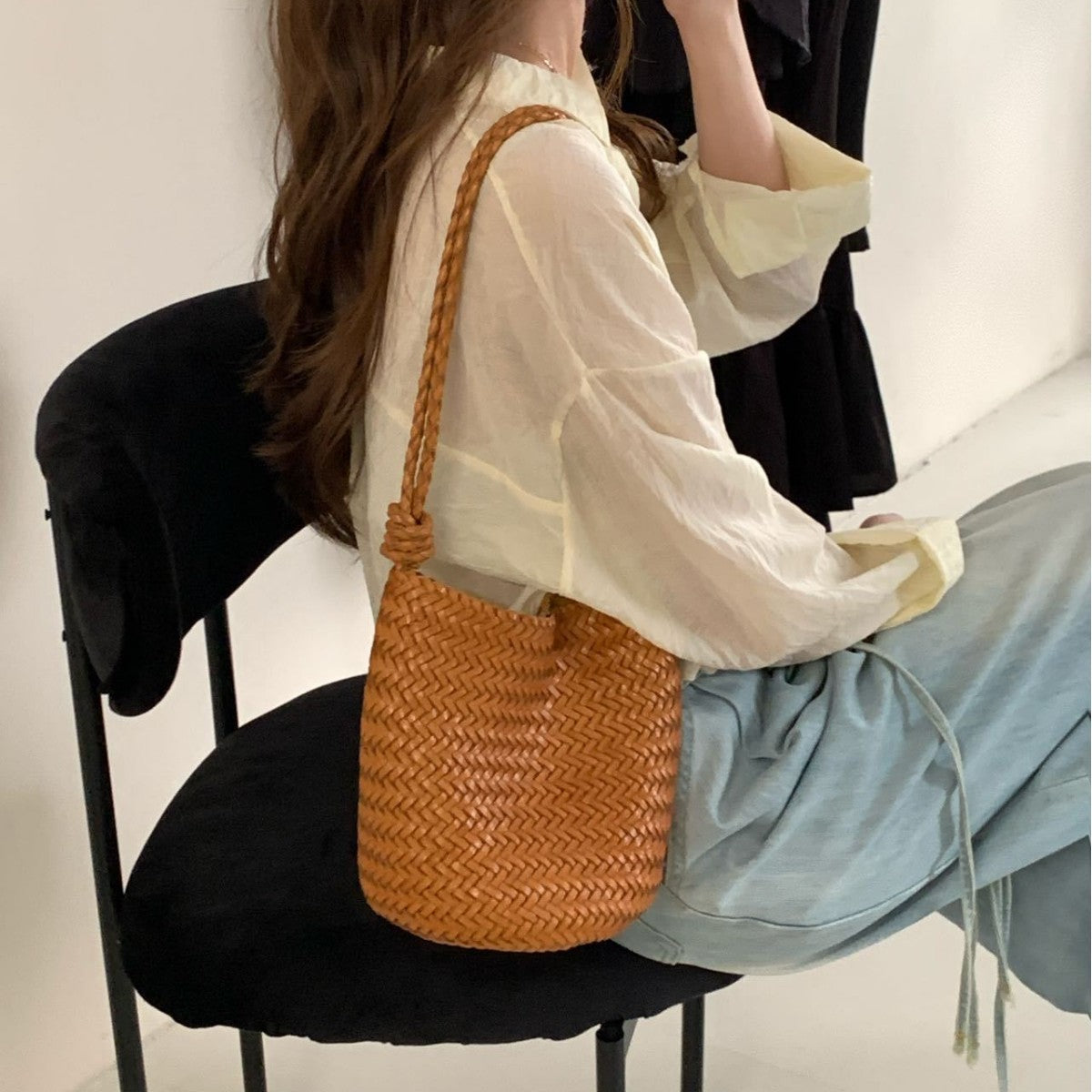 Summer Vegetable Tanning Leather Handmade Woven Shoulder Bags