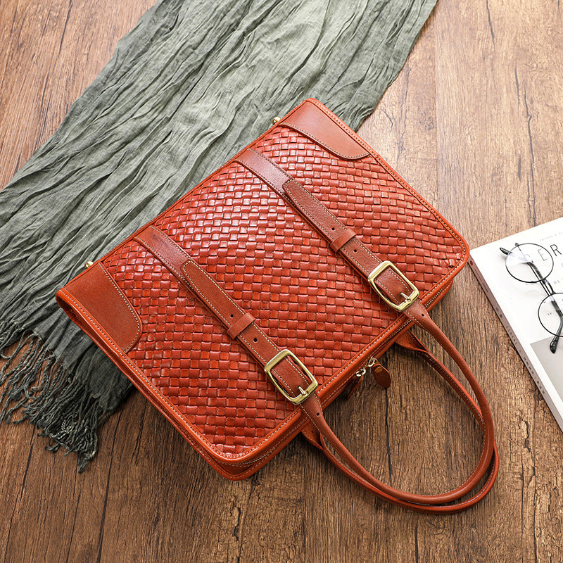 Women's & Men's Hand-woven Vegetable Tanned Leather Cowhide Office Handbags