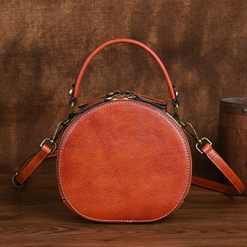 Women's National Style Round First Layer Leather Crossbody Bags