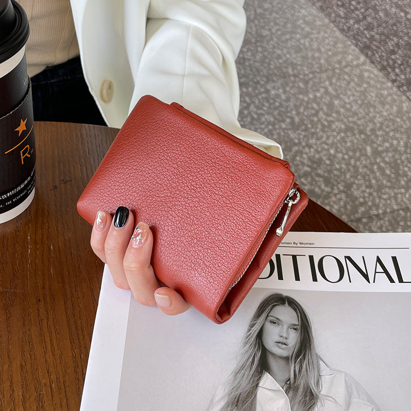 Women's Leather Short Folding First Layer Cowhide Ladies Wallets