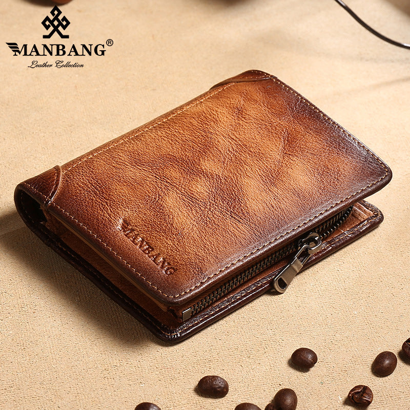 Men's Cowhide Pocket Zipper Multiple Slots Short Men's Wallets