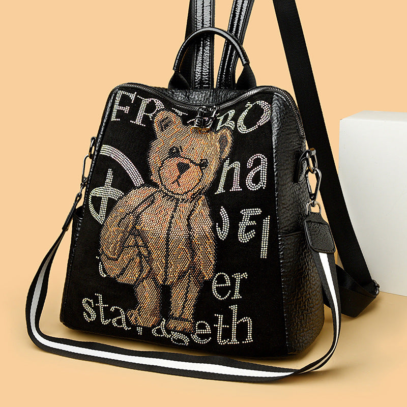 Women's Fat Bear Leather Trendy Embroidered Large Backpacks