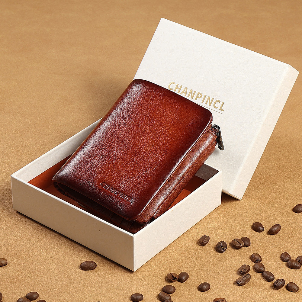 Men's Vertical First Layer Cowhide Zipper Pocket Men's Wallets