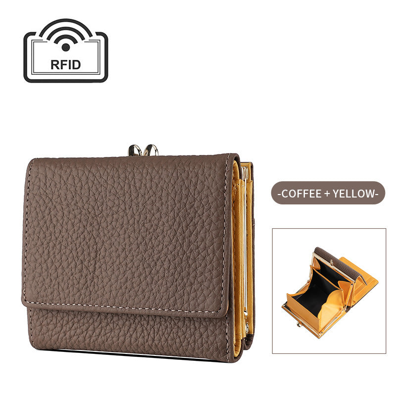 Women's Layer Cowhide Lychee Pattern Tri Fold Ladies Wallets