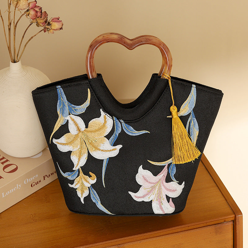 Coral Lily Embroidered Wooden Ancient Style Handbags