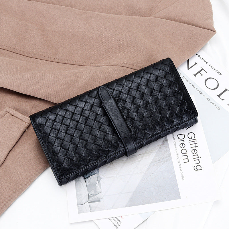 Women's Leather Fashion Sheepskin Woven Clutch Large Ladies Wallets