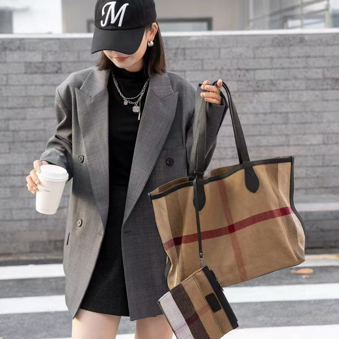 Women's Plaid Jute Leather Hand Large Capacity Handbags
