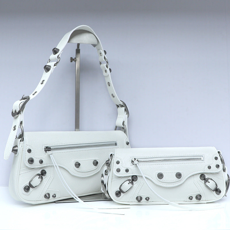 Women's Motorcycle Dark Rivet Baguette Genuine Leather Bags