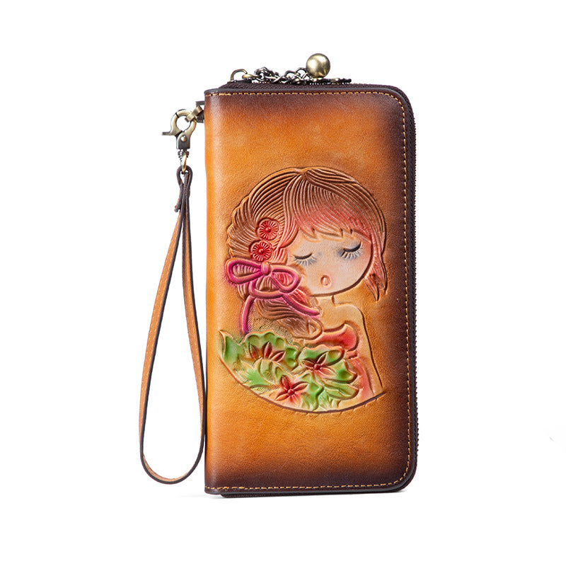 Women's Handmade Leather First Layer Cowhide Long Purses