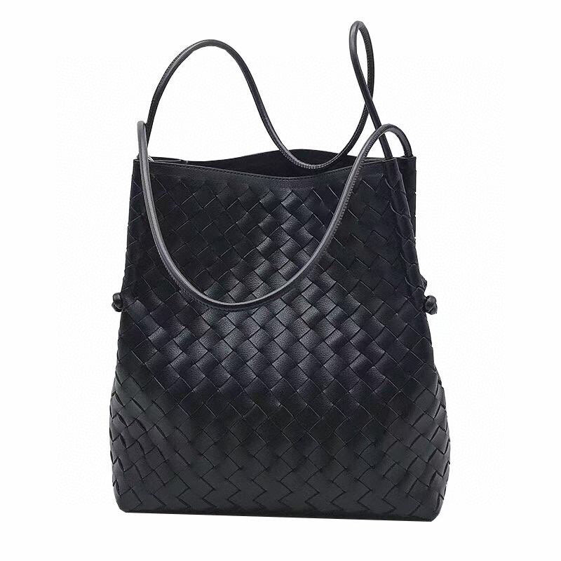 Women's Cowhide Woven Korean Fashionable With Large Shoulder Bags