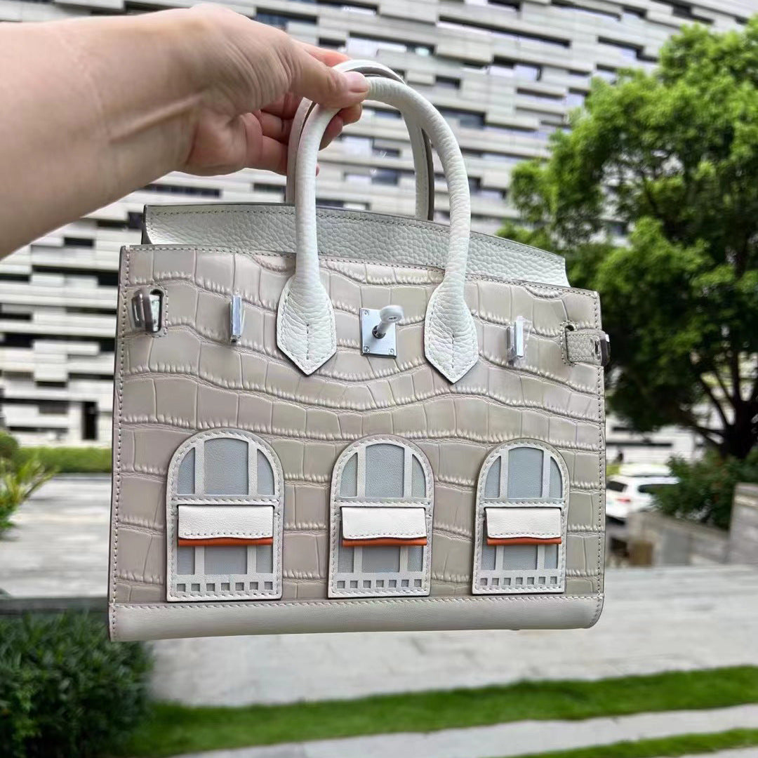 Women's House Genuine Leather Crocodile Pattern Contrast Handbags