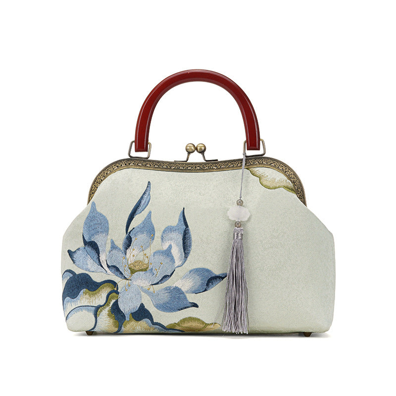 Lotus Flower Embroidered Ancient Style Cheongsam Banquet Bamboo Handbags