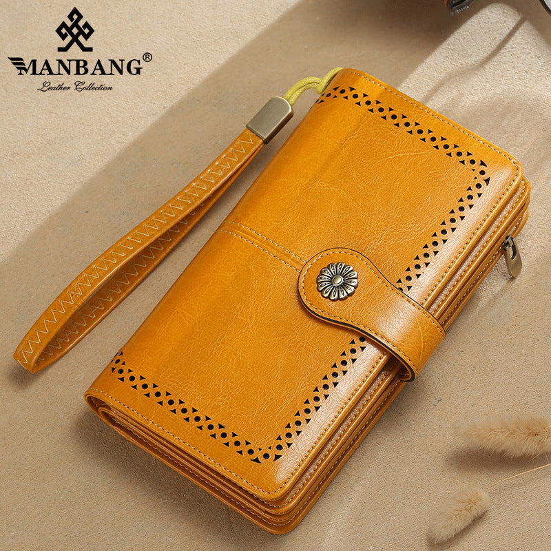 Women's Long Sunflower Retro Oil Wax Skin Large Capacity Wrist Ladies Wallets