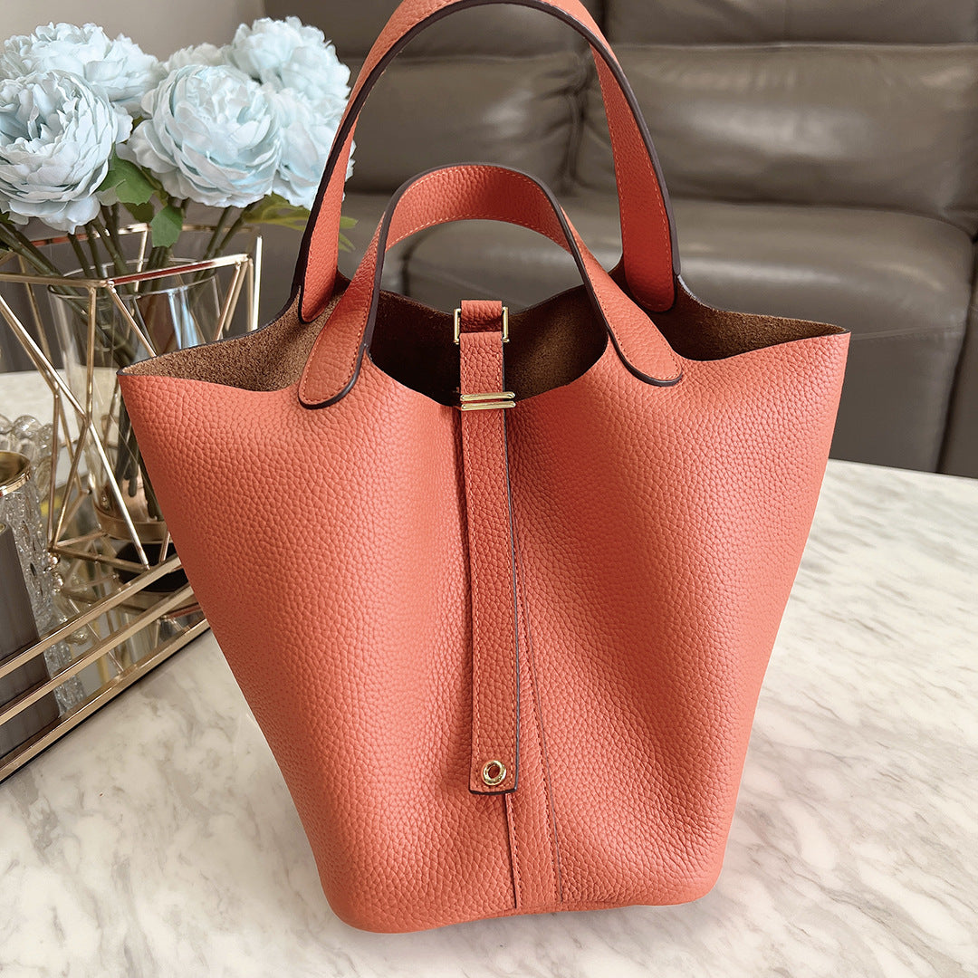Women's Leather Vegetable Basket Lychee Pattern Cowhide Handbags