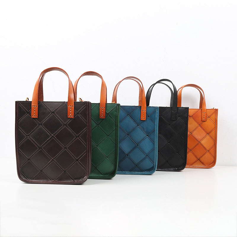 Women's Retro Hand-held Rhombic Leather First Layer Shoulder Bags