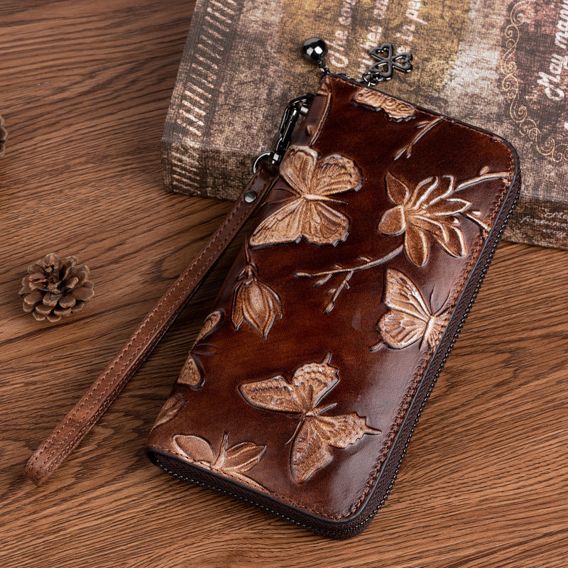 Women's First Layer Cowhide Chinese Style Embossing Ladies Wallets