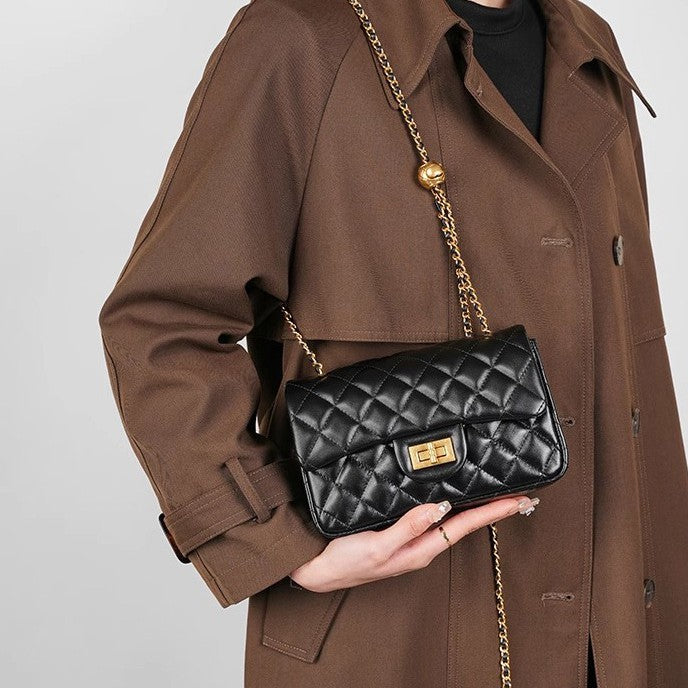Women's Golden Balls Rhombus Chain First Layer Cowhide Classic Shoulder Bags