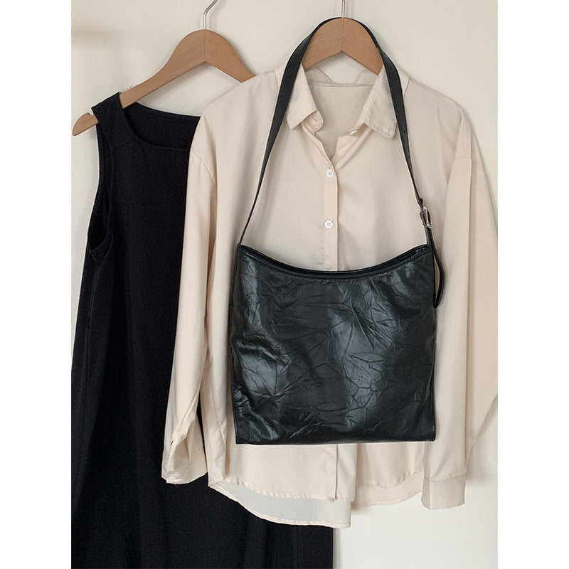 Women's Niche Leather Folds Scratch Pattern Cowhide Shoulder Bags