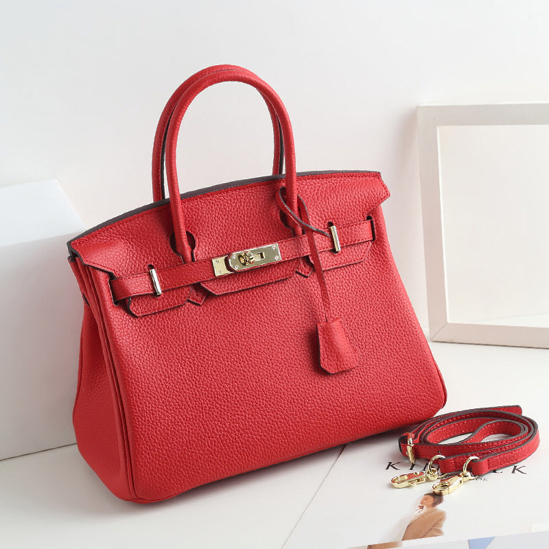 Women's Lychee Pattern Kelly Genuine Leather First Handbags