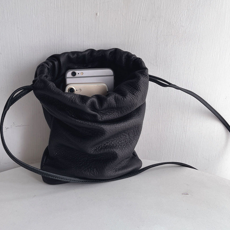 Women's Lightweight Minimalist Elegant Soft Glutinous Genuine Leather Drawstring Crossbody Bags