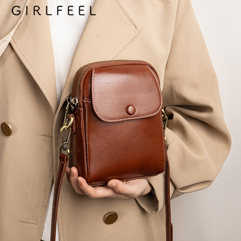 Female Fashion Vegetable Tanning Leather Mobile Bags